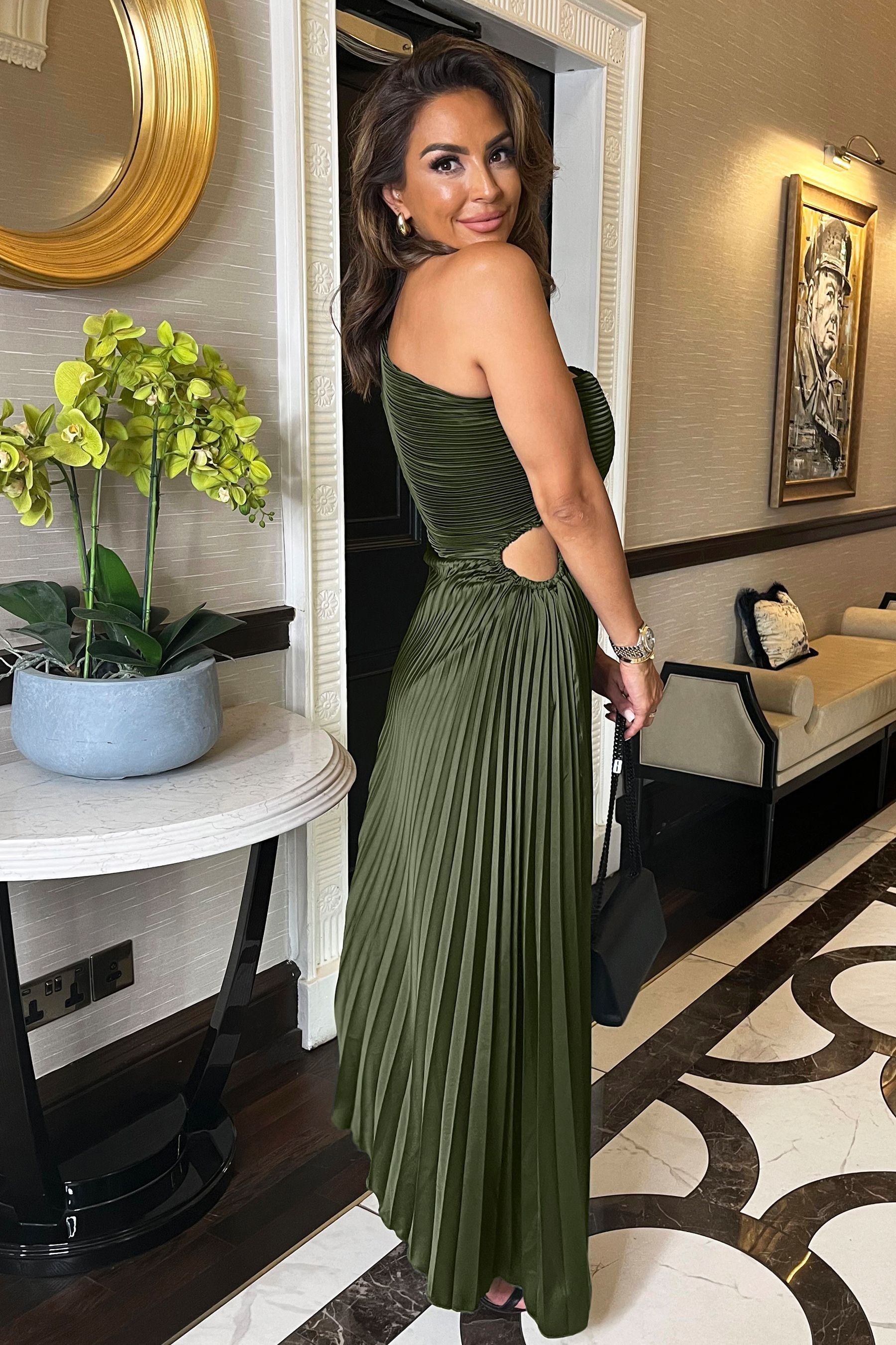 Pleated satin midi dress hot sale