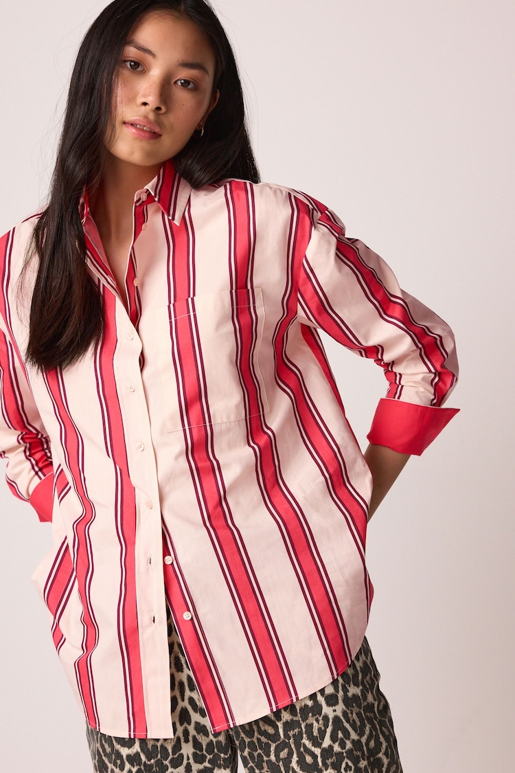 Red/Ecru Stripe Oversized 100% Cotton Shirt - Image 1 of 5