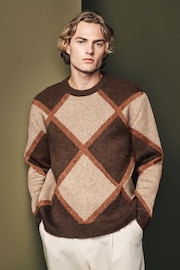 Brown Argyle Relaxed Fit Brushed Pattern Crew Jumper - Image 1 of 7