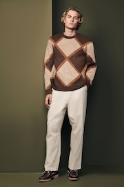 Brown Argyle Relaxed Fit Brushed Pattern Crew Jumper - Image 2 of 7