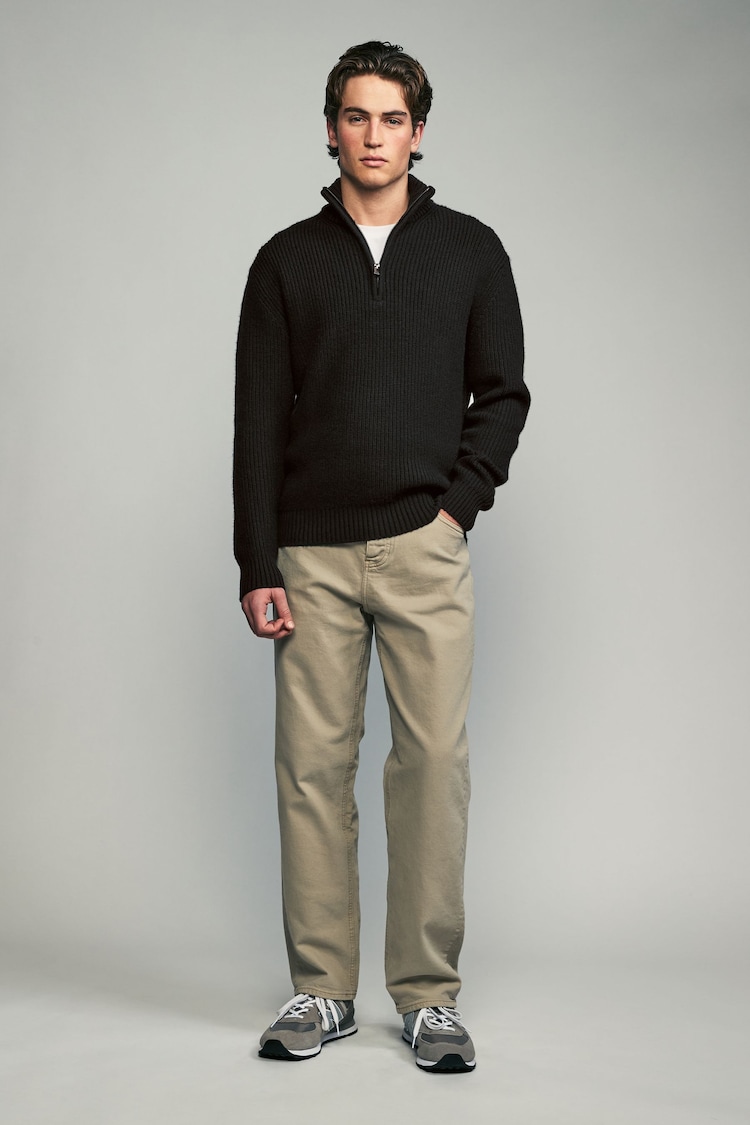 Black Regular Fit Lambswool Rich Rib Texture Zip-Neck Jumper - Image 2 of 3