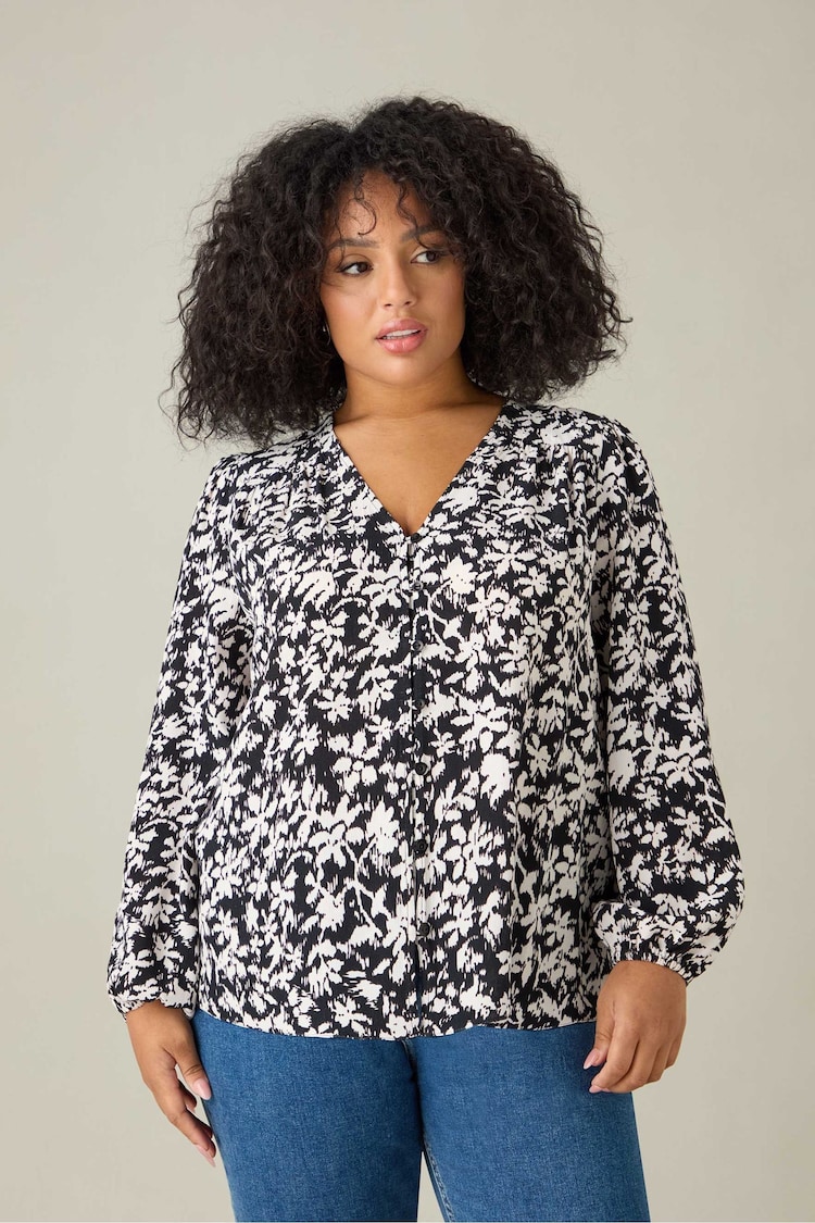 Live Unlimited Black Curve Floral V-Neck Button Blouse - Image 1 of 3