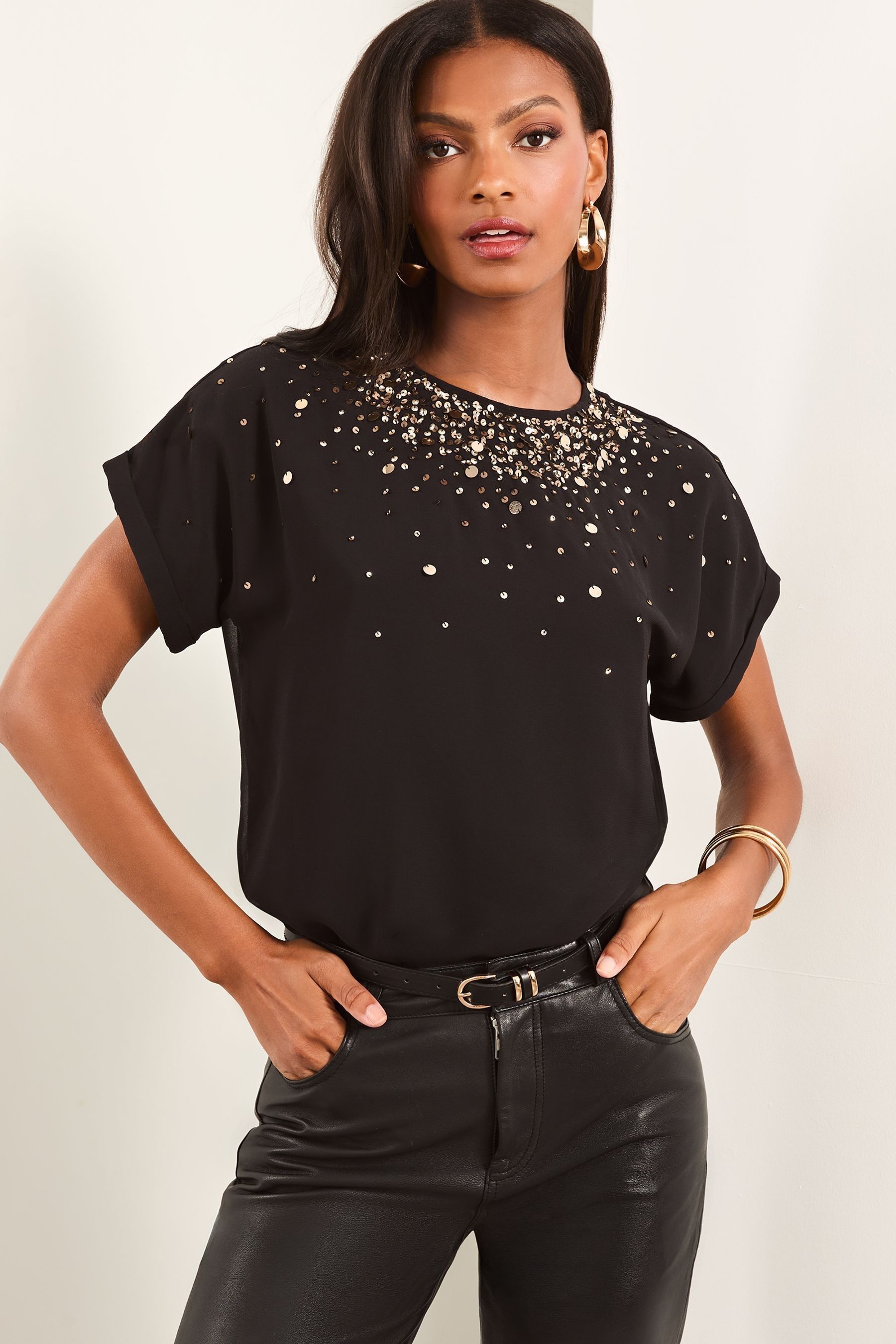 Buy Lipsy Black Embellished Short Sleeve Top from Next Luxembourg