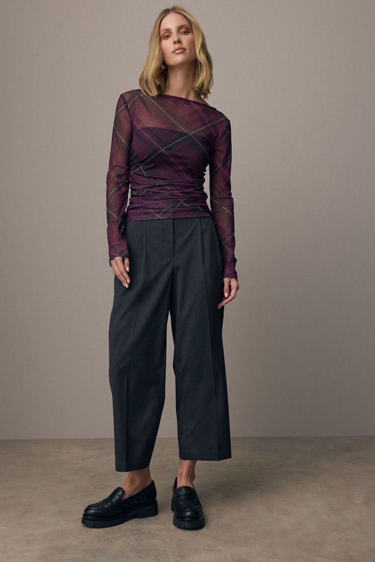 Purple Tartan Print Long Sleeve Ruched Top - Image 2 of 9