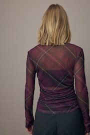 Purple Tartan Print Long Sleeve Ruched Top - Image 4 of 9