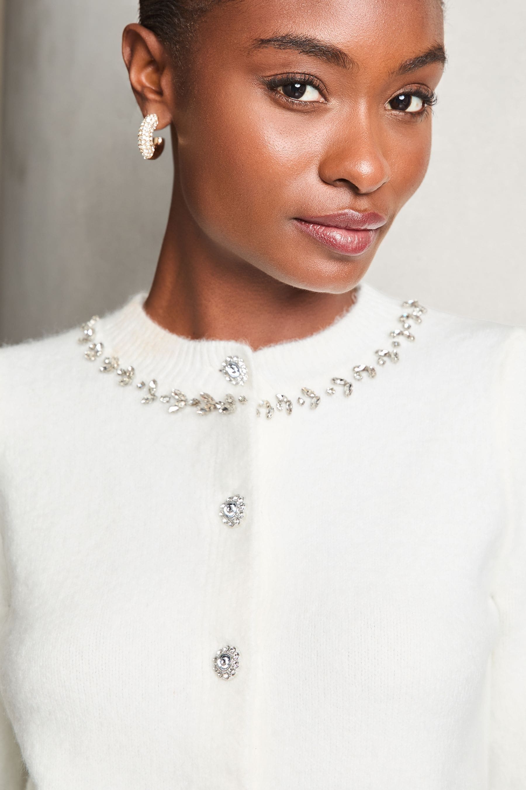 Buy Lipsy White Diamante Trim Button Through Knitted Cardigan from Next United Arab Emirates