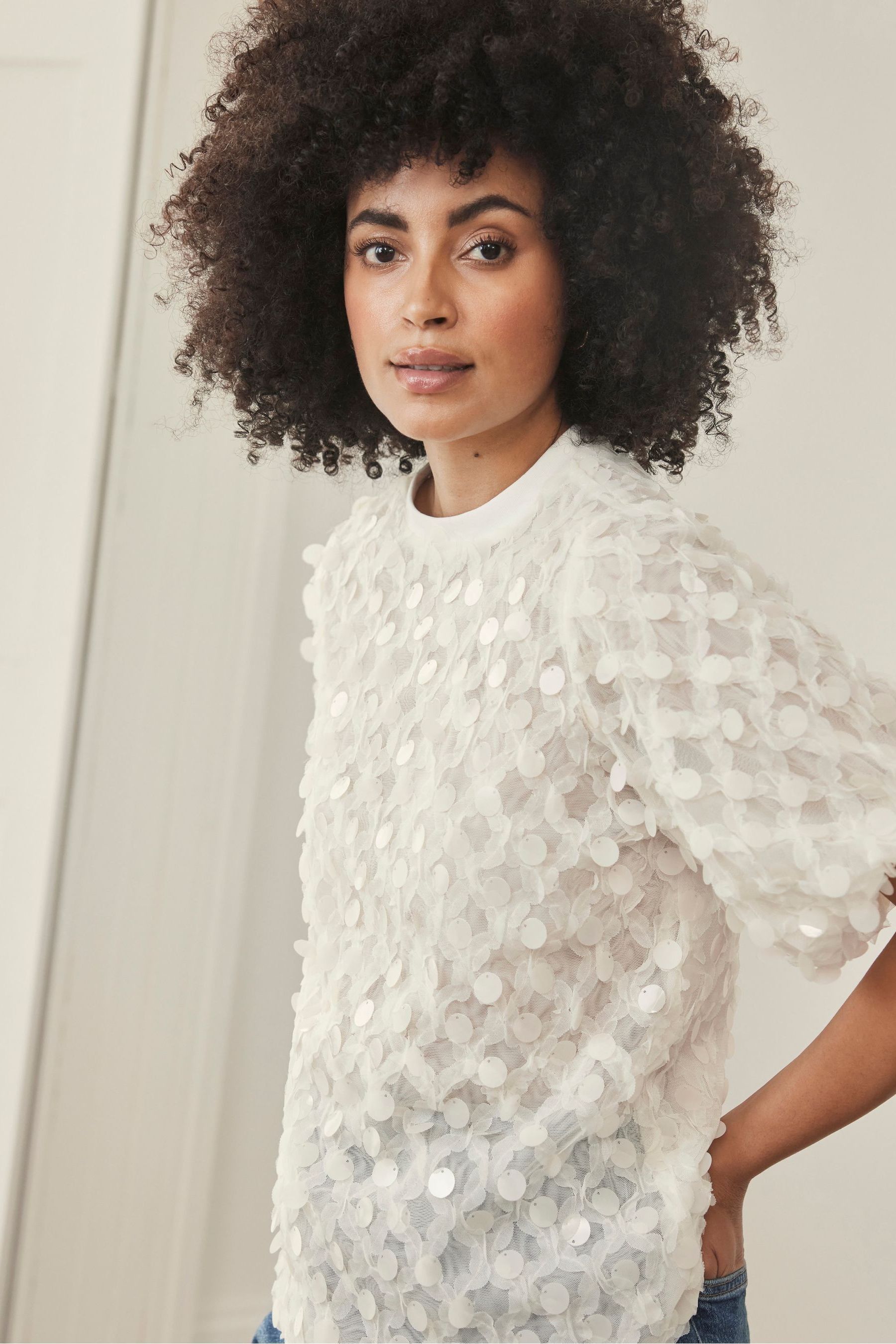 Buy Mint Velvet Cream Sequin Mesh T Shirt from the Next UK online shop