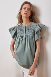 Mint Velvet Blue Cotton Smocked Top - Image 1 of 4