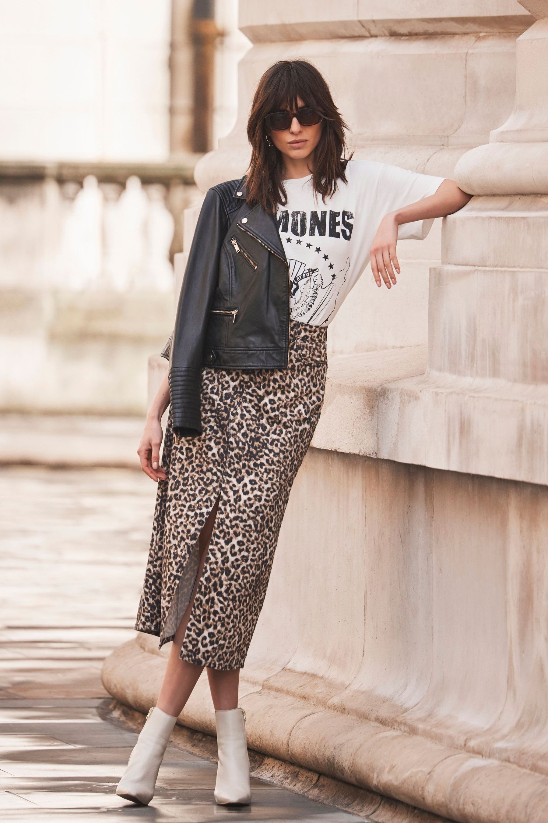Mint Velvet Brown Leopard Print Denim Midi Skirt