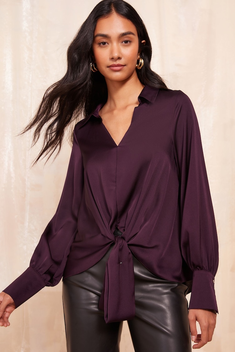 Friends Like These Purple Petite Tie Front Satin Shirt With Long Sleeve - Image 1 of 4