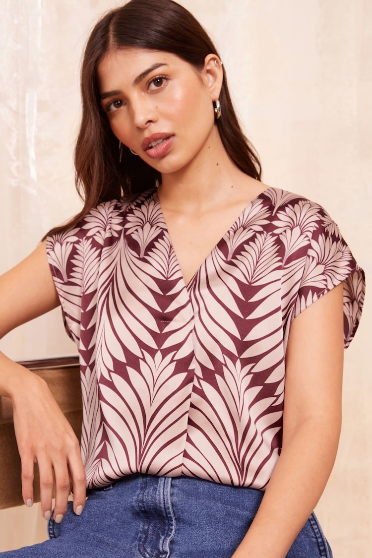 Friends Like These Burgundy Palm Print Short Sleeve Satin V Neck Blouse - Image 1 of 4