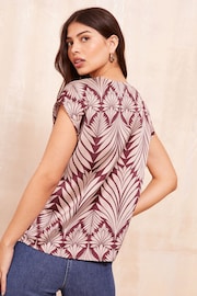 Friends Like These Burgundy Palm Print Petite Short Sleeve Satin V Neck Blouse - Image 4 of 4