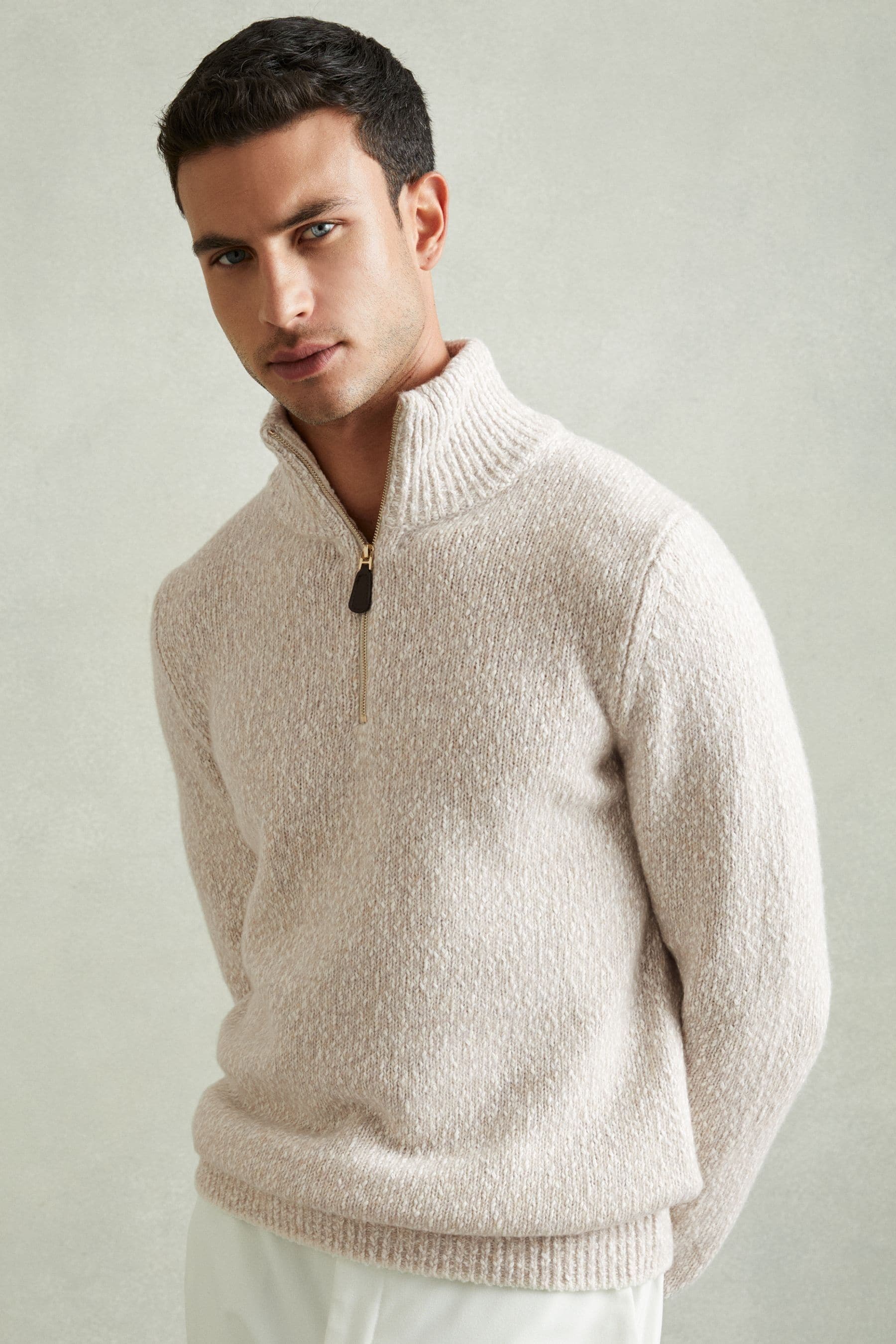 Buy Reiss Oatmeal White Jamieson Marled Cotton and Wool Funnel Neck Jumper from Next Canada