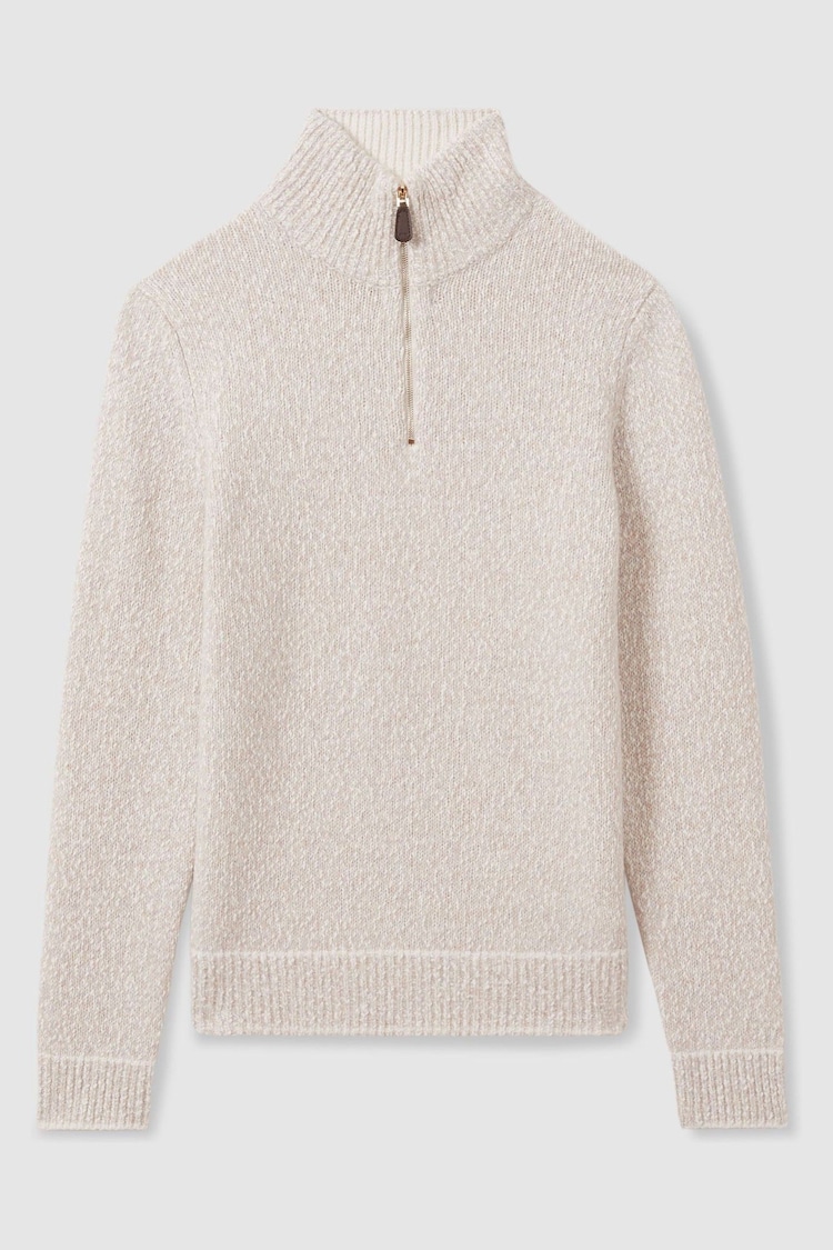 Reiss Oatmeal/White Jamieson Marled Cotton and Wool Funnel Neck Jumper - Image 2 of 5