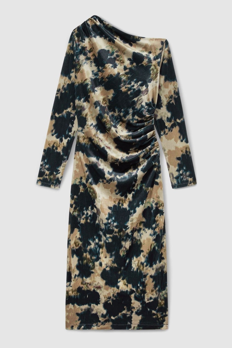 Reiss Navy Briana Ruched Abstract-Print Velvet Dress - Image 2 of 6