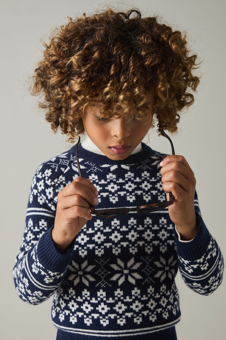 Reiss Bright Navy Blue/White Arkensaw Junior Merino Fair-Isle Jumper - Image 1 of 4