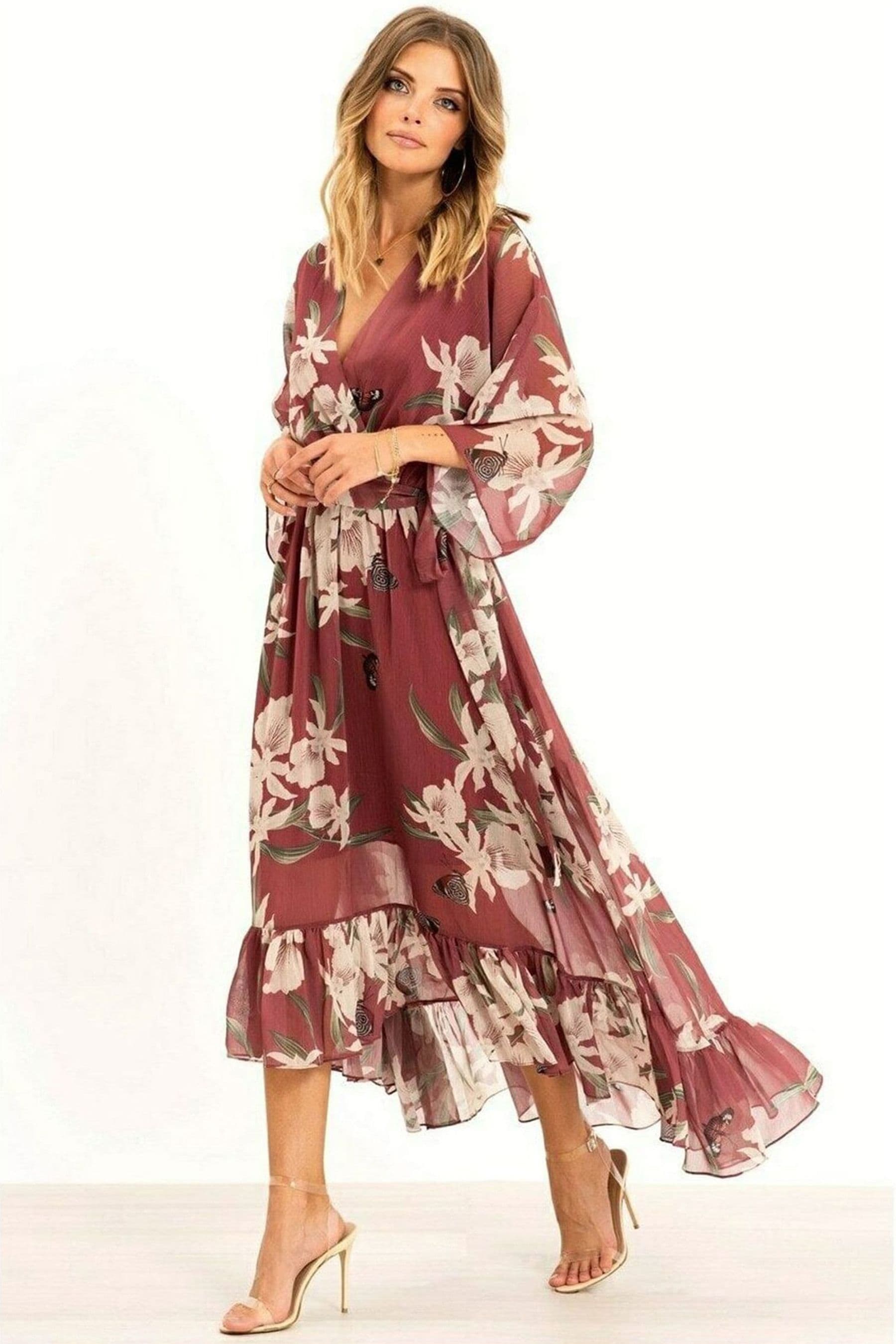 Buy Yumi Rosewood Pink Floral Kimono Sleeves Dip Hem Wrap Midi Dress from the Next UK online shop
