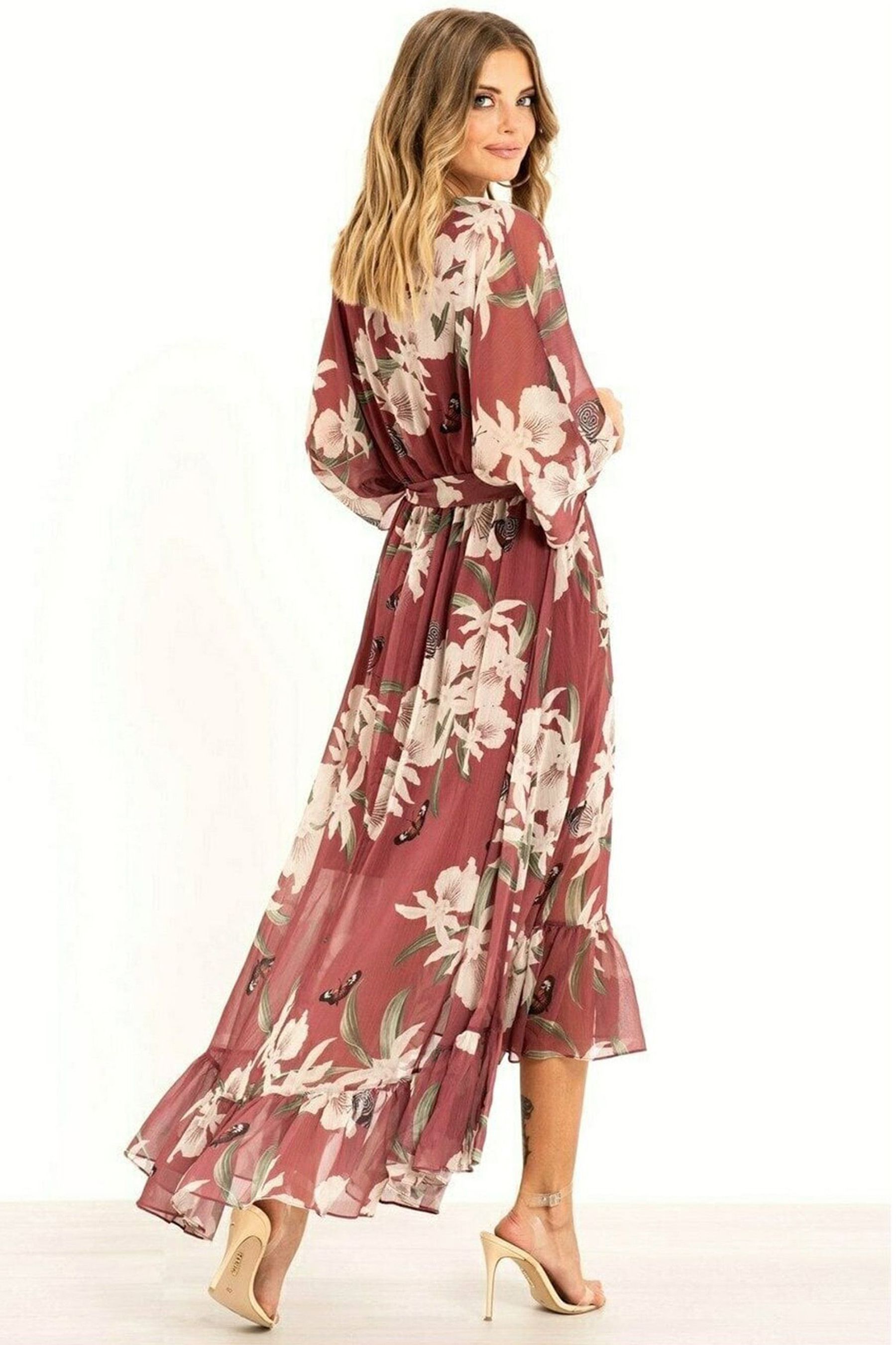 Buy Yumi Rosewood Pink Floral Kimono Sleeves Dip Hem Wrap Midi Dress ...