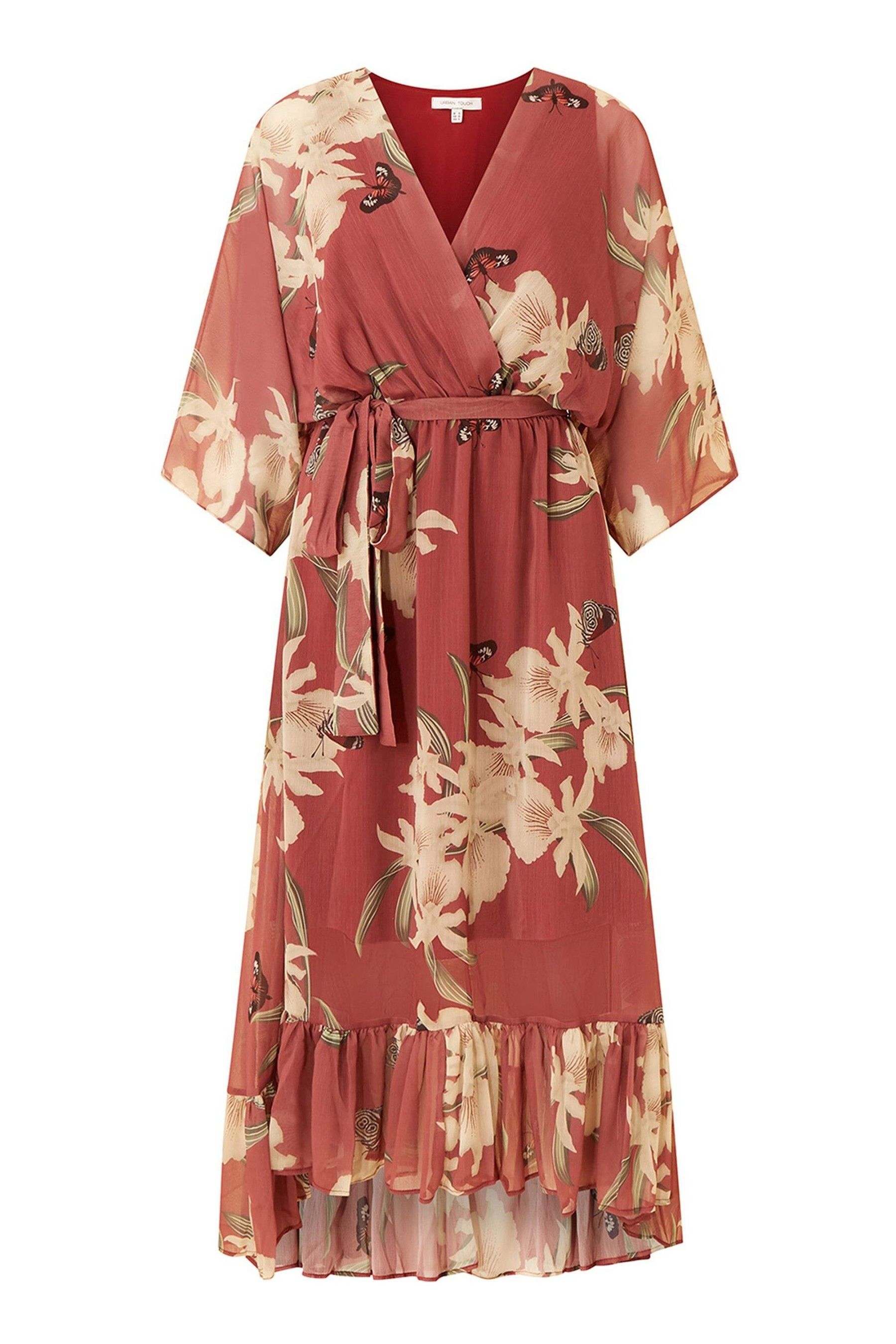 Buy Yumi Rosewood Pink Floral Kimono Sleeves Dip Hem Wrap Midi Dress ...