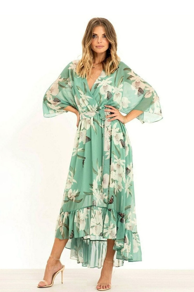 Yumi Sage Green Floral Kimono Sleeves Dip Hem Wrap Midi Dress - Image 2 of 5