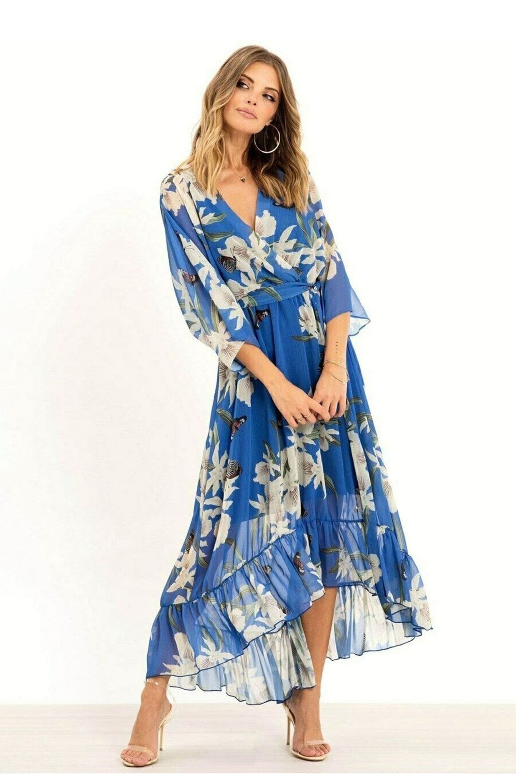 Yumi Blue Floral Kimono Sleeves Dip Hem Wrap Midi Dress 12 Womens