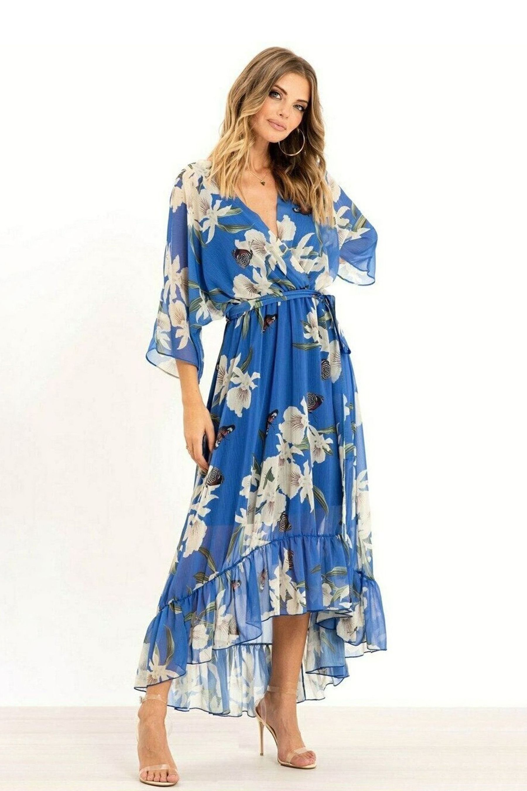 Buy Yumi Blue Floral Kimono Sleeves Dip Hem Wrap Midi Dress from the ...