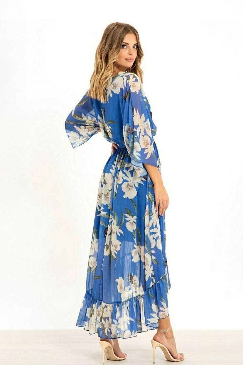 Yumi Blue Floral Kimono Sleeves Dip Hem Wrap Midi Dress - Image 4 of 5