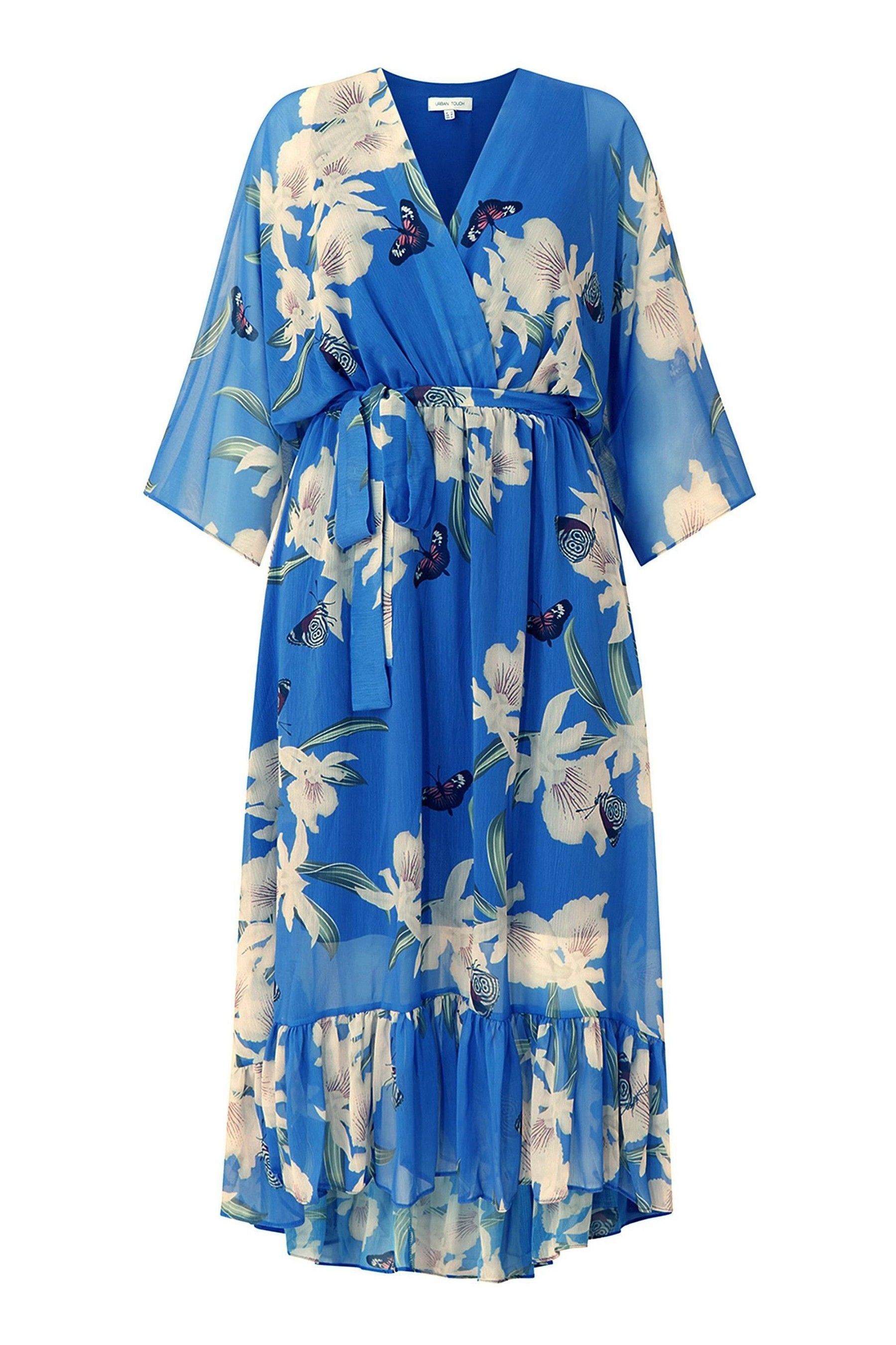 Buy Yumi Blue Floral Kimono Sleeves Dip Hem Wrap Midi Dress from Next Canada