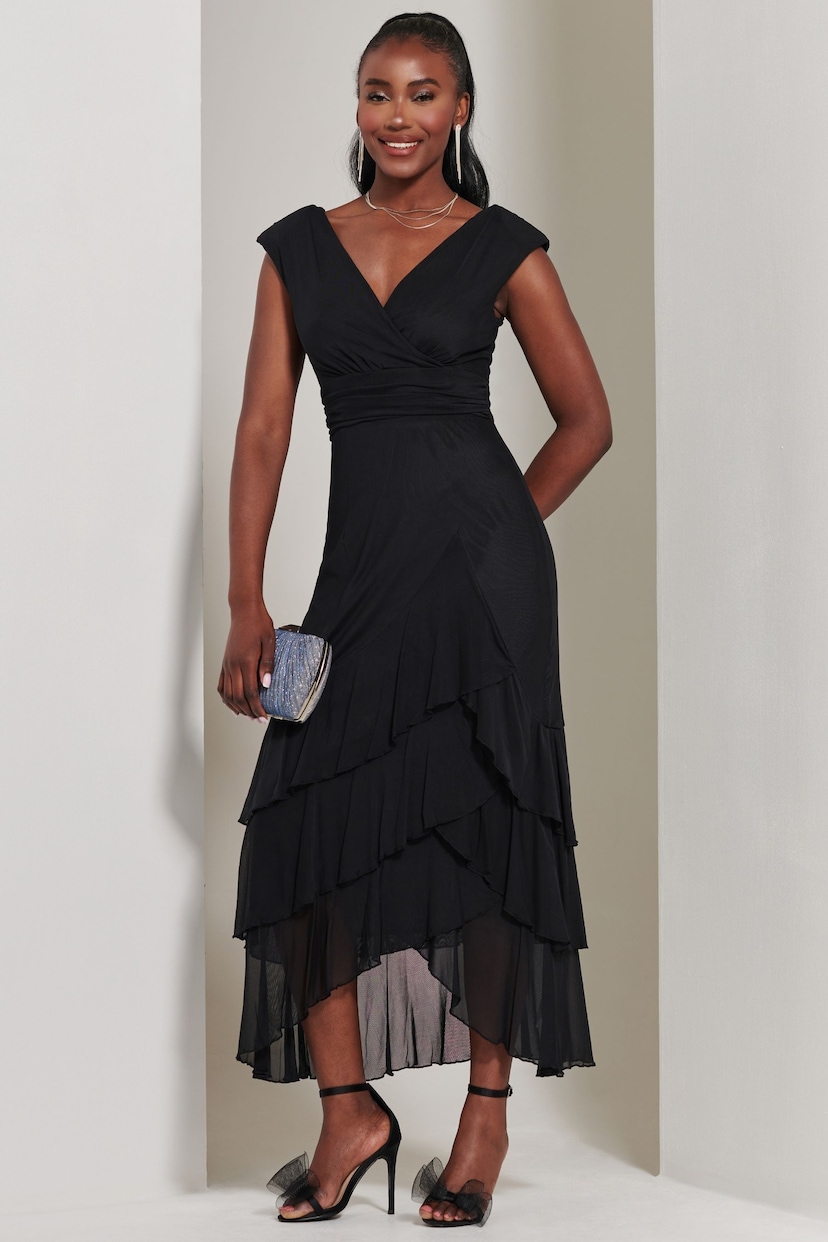 Jolie Moi Black Wrap Bodice Mesh Frill Maxi Dress - Image 1 of 6