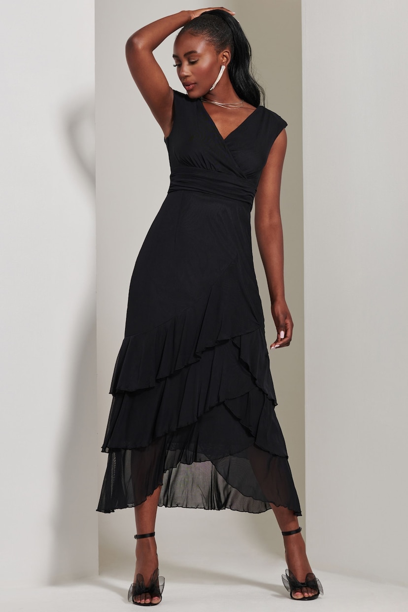 Jolie Moi Black Wrap Bodice Mesh Frill Maxi Dress - Image 5 of 6