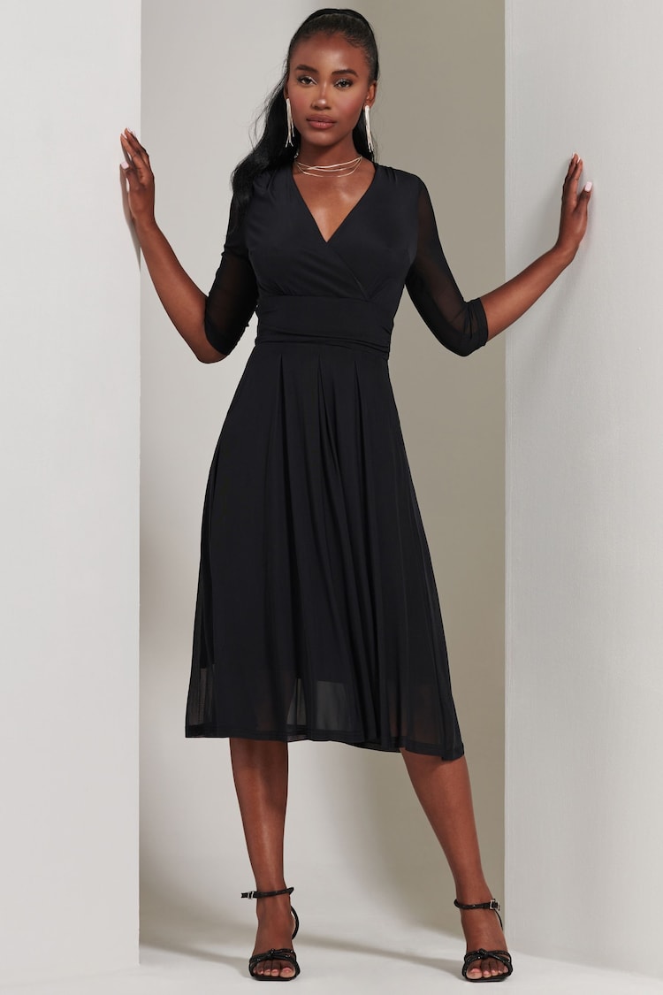 Jolie Moi Black Mesh Wrap Bodice Midi Dress - Image 1 of 6