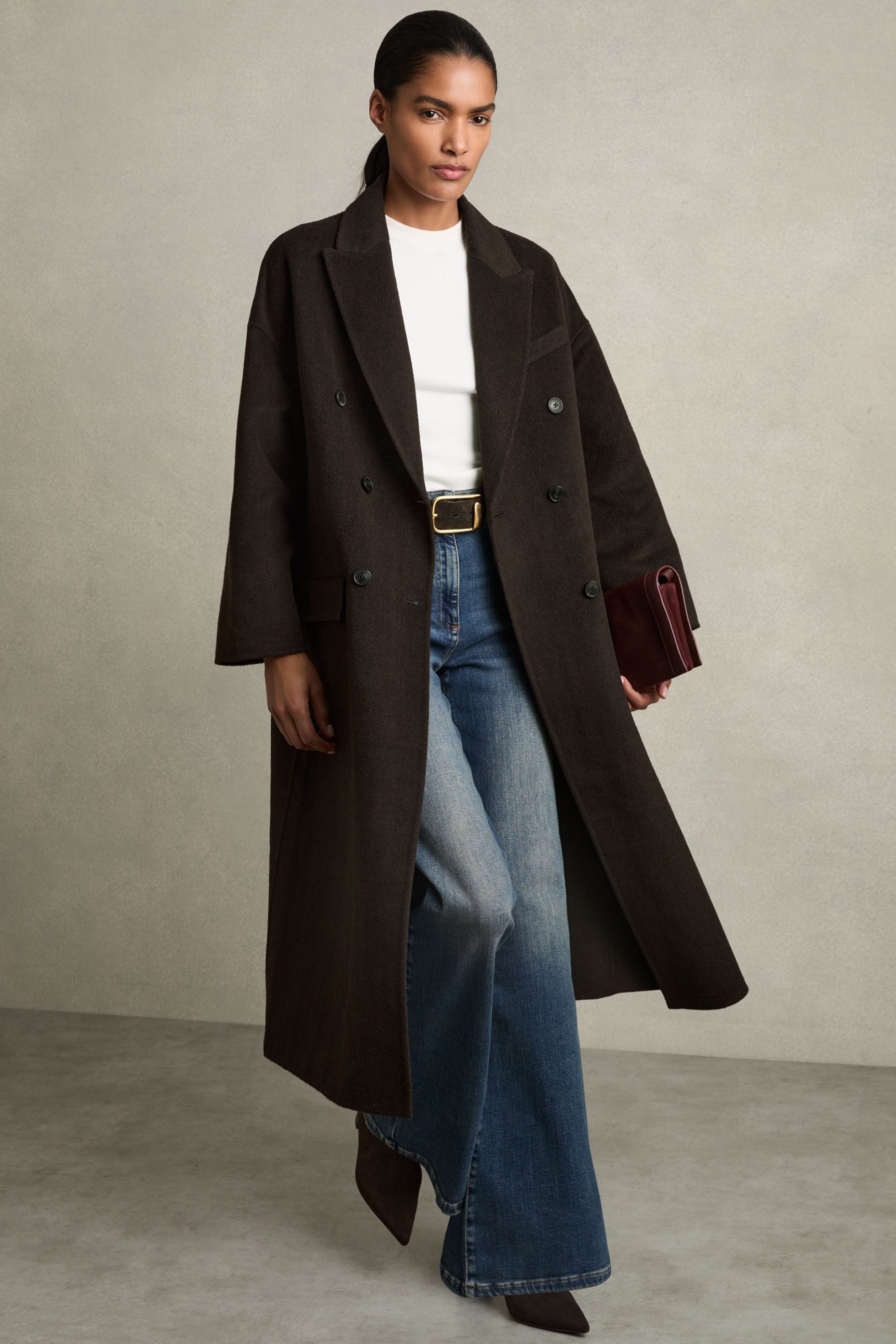 Buy Reiss Chocolate Lara Petite Wool Blend Herringbone Twill Coat from the Next UK online shop