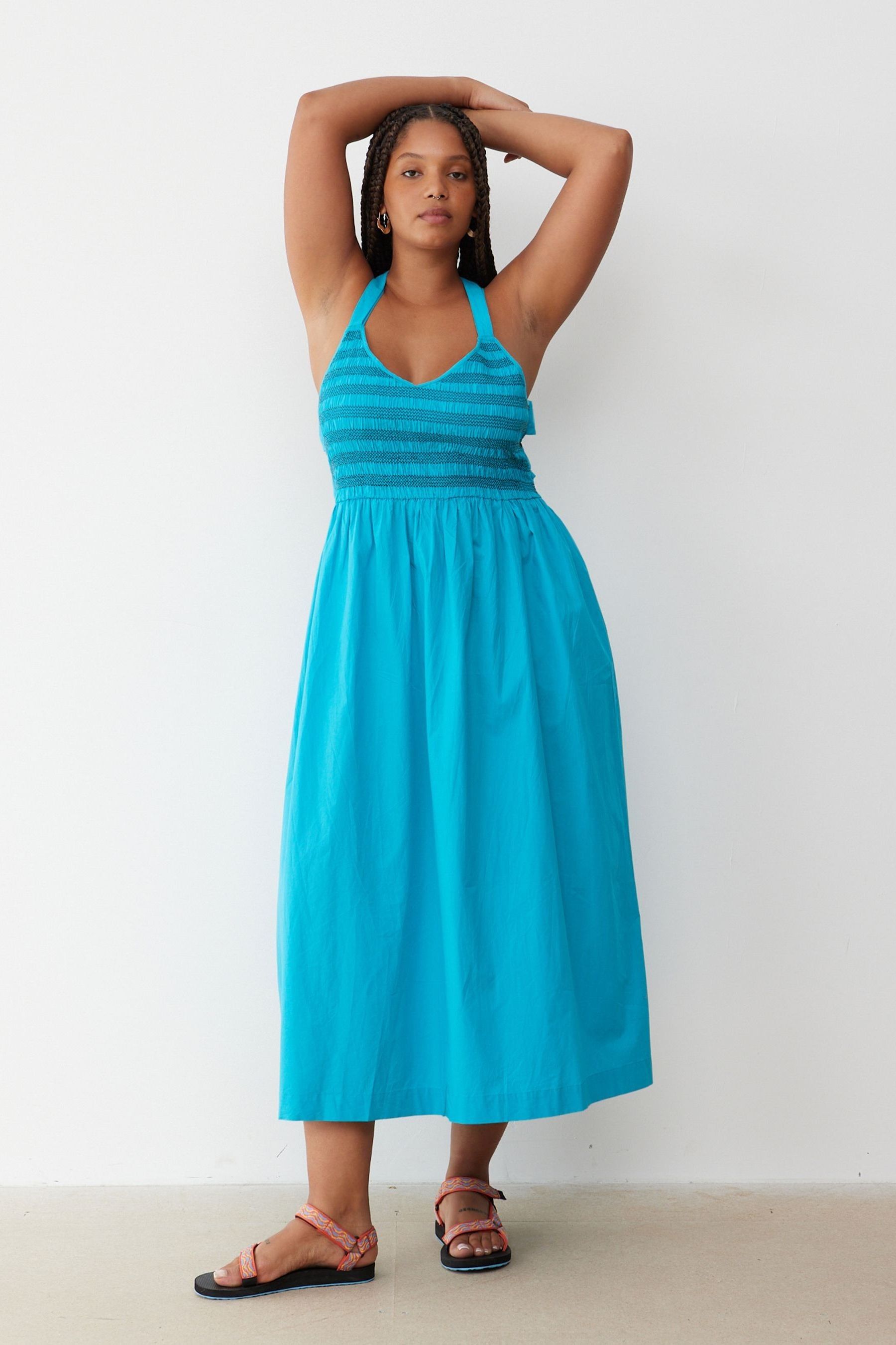 Buy Oliver Bonas Blue Shirred Cross Over Strap 100 Cotton Midi Dress from Next Malta