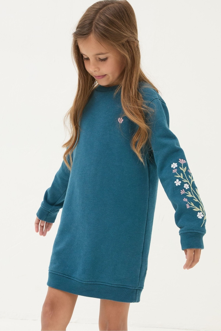 FatFace Teal Blue Embroidered Sweat Dress - Image 1 of 4