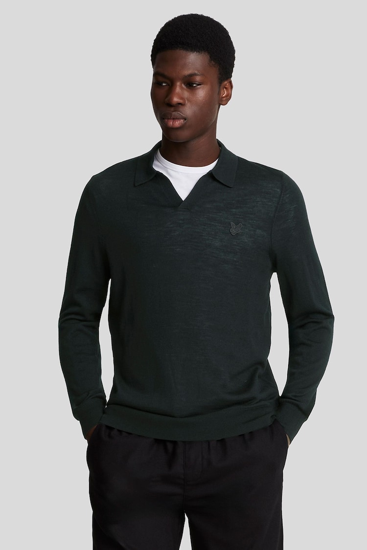 Lyle & Scott Black Tonal Eagle Merino Collared Jumper - Image 1 of 5