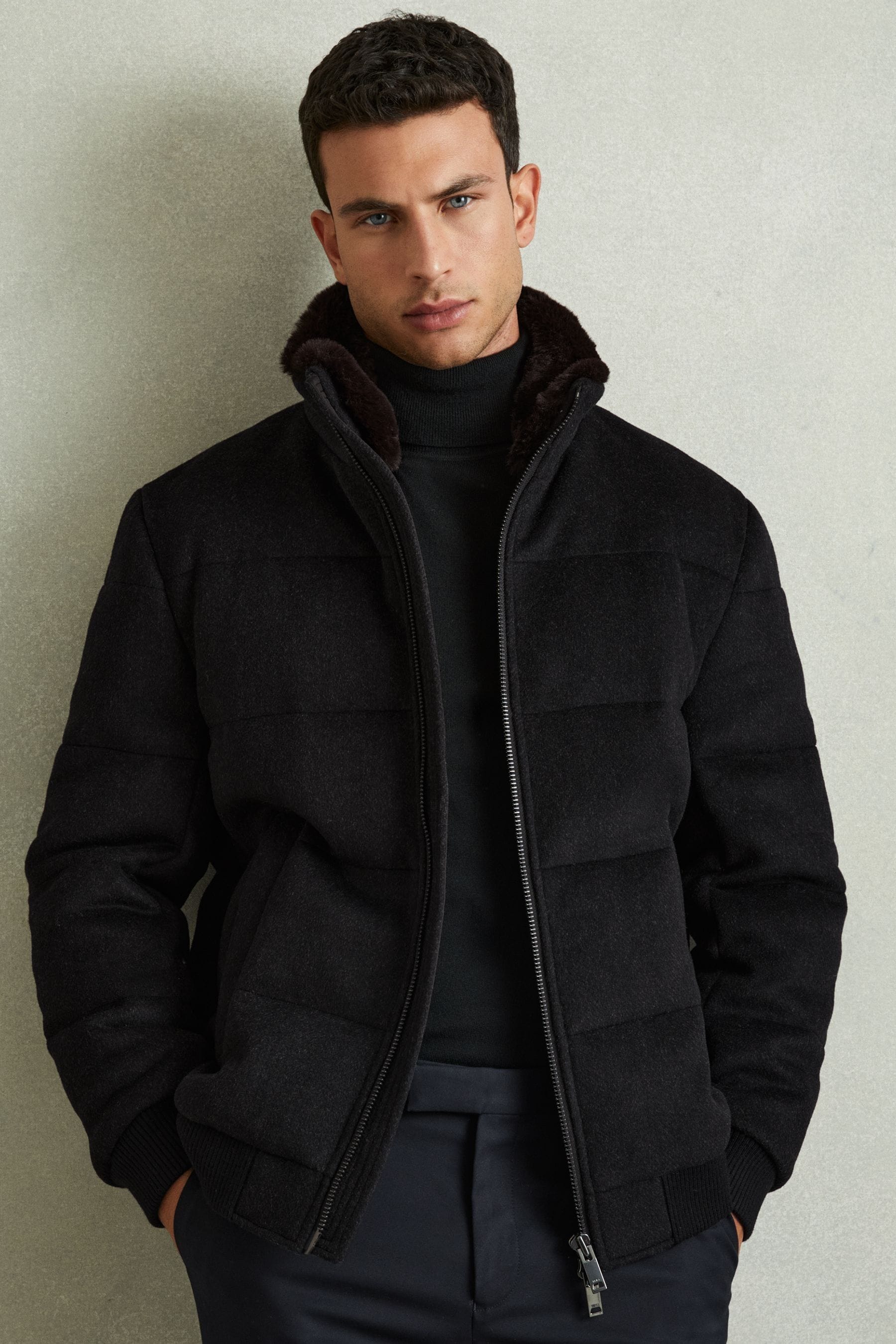 Buy Reiss Navy Melange Farid Quilted Wool Blend Herringbone and Faux Fur Jacket from the Next UK online shop