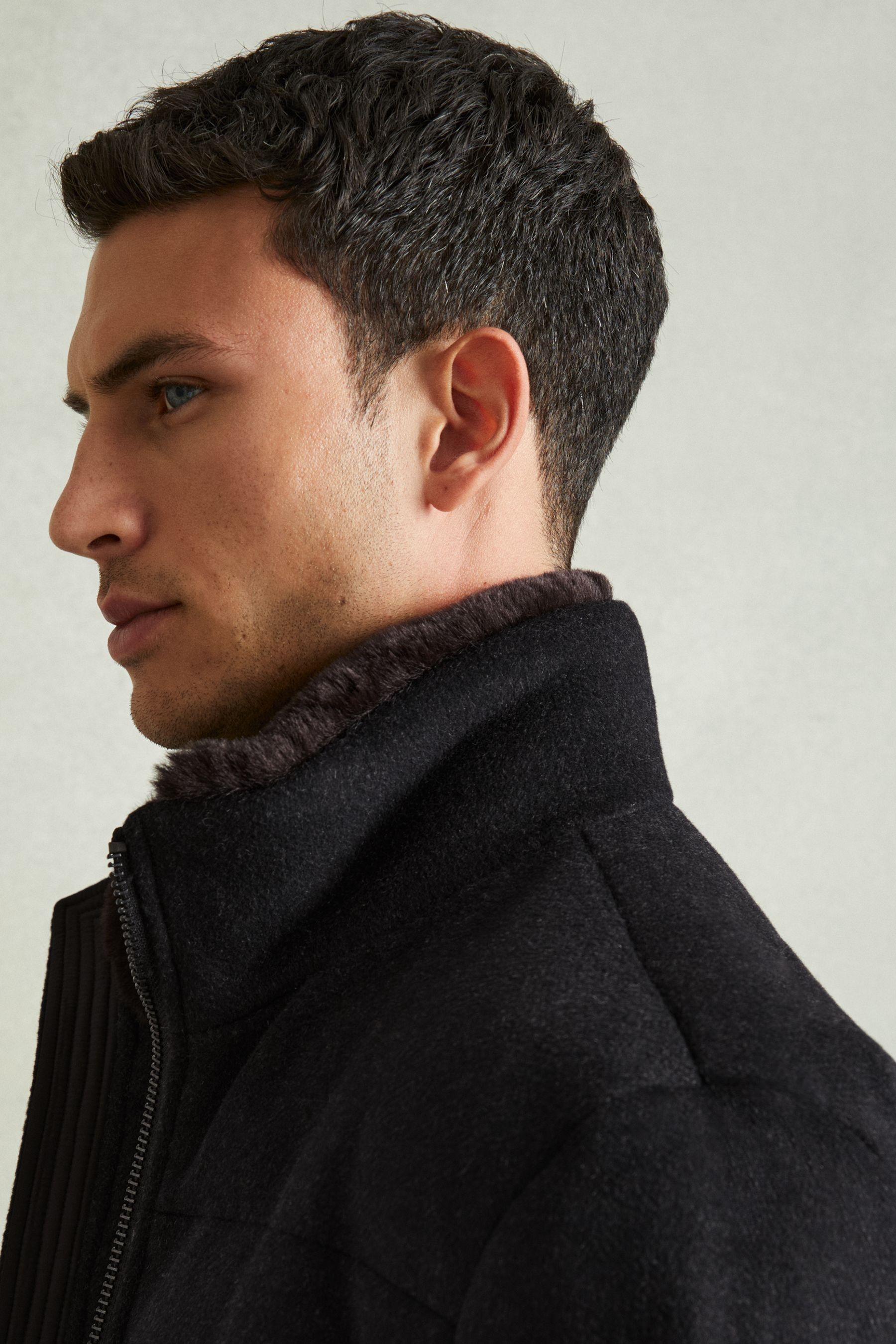 Buy Reiss Navy Melange Farid Quilted Wool Blend Herringbone and Faux Fur Jacket from the Next UK online shop