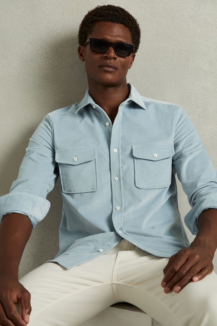 Reiss Soft Blue Tucci Cotton Blend Corduroy Overshirt - Image 1 of 6