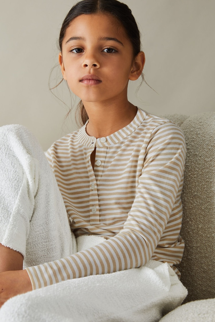 Reiss Oatmeal Tessa Senior Striped Grandad Collar Long-Sleeve Top - Image 1 of 4