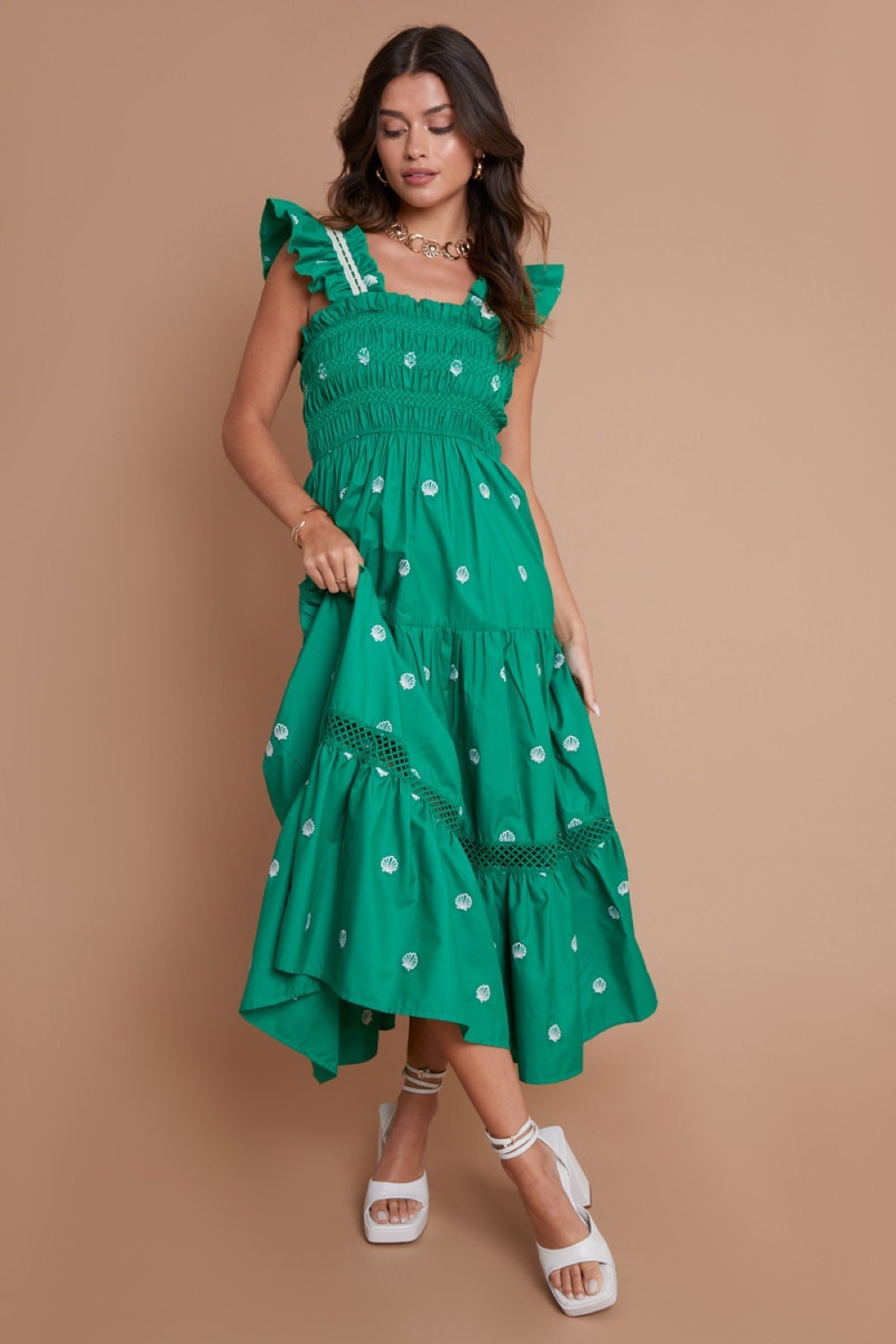 Buy Another Sunday Green Shell Embroidered Shirred Bust Tiered Midi Dress from Next Luxembourg