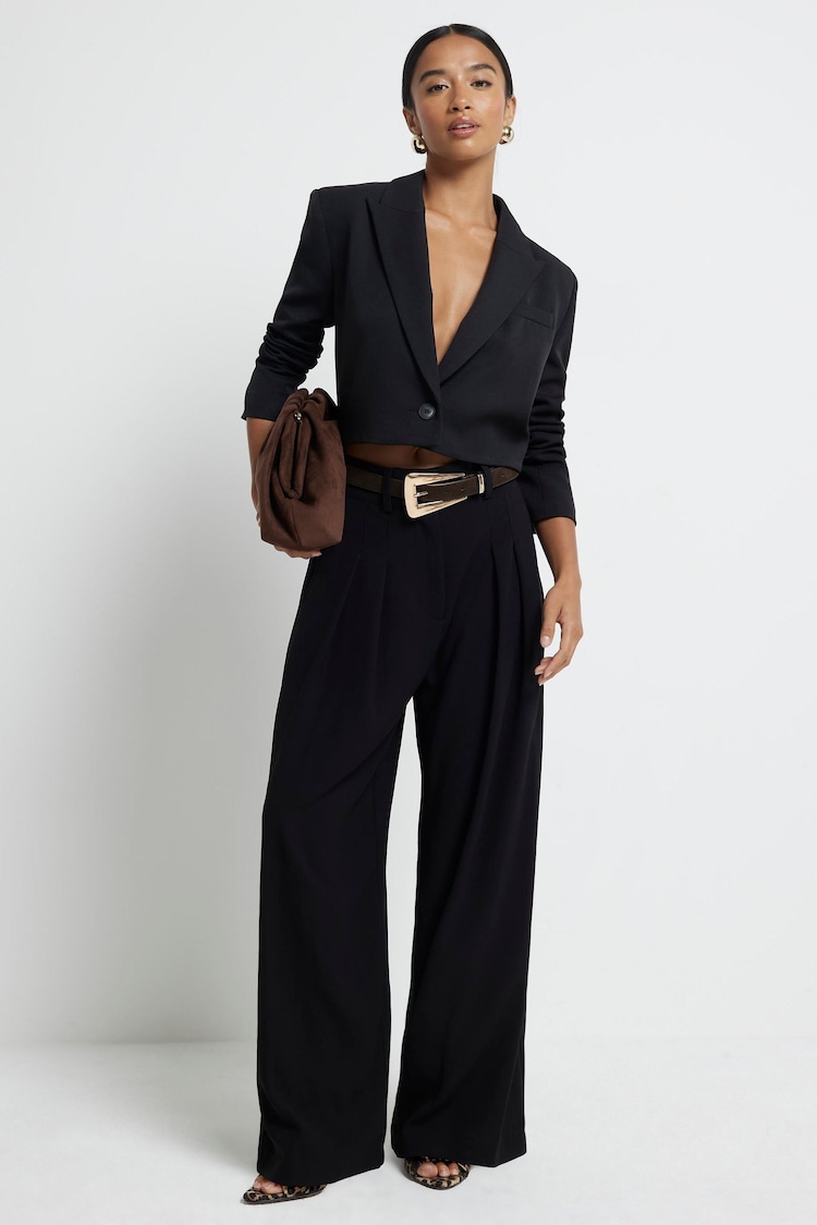 River Island Black Petite Easy Wide Leg Trousers - Image 1 of 5