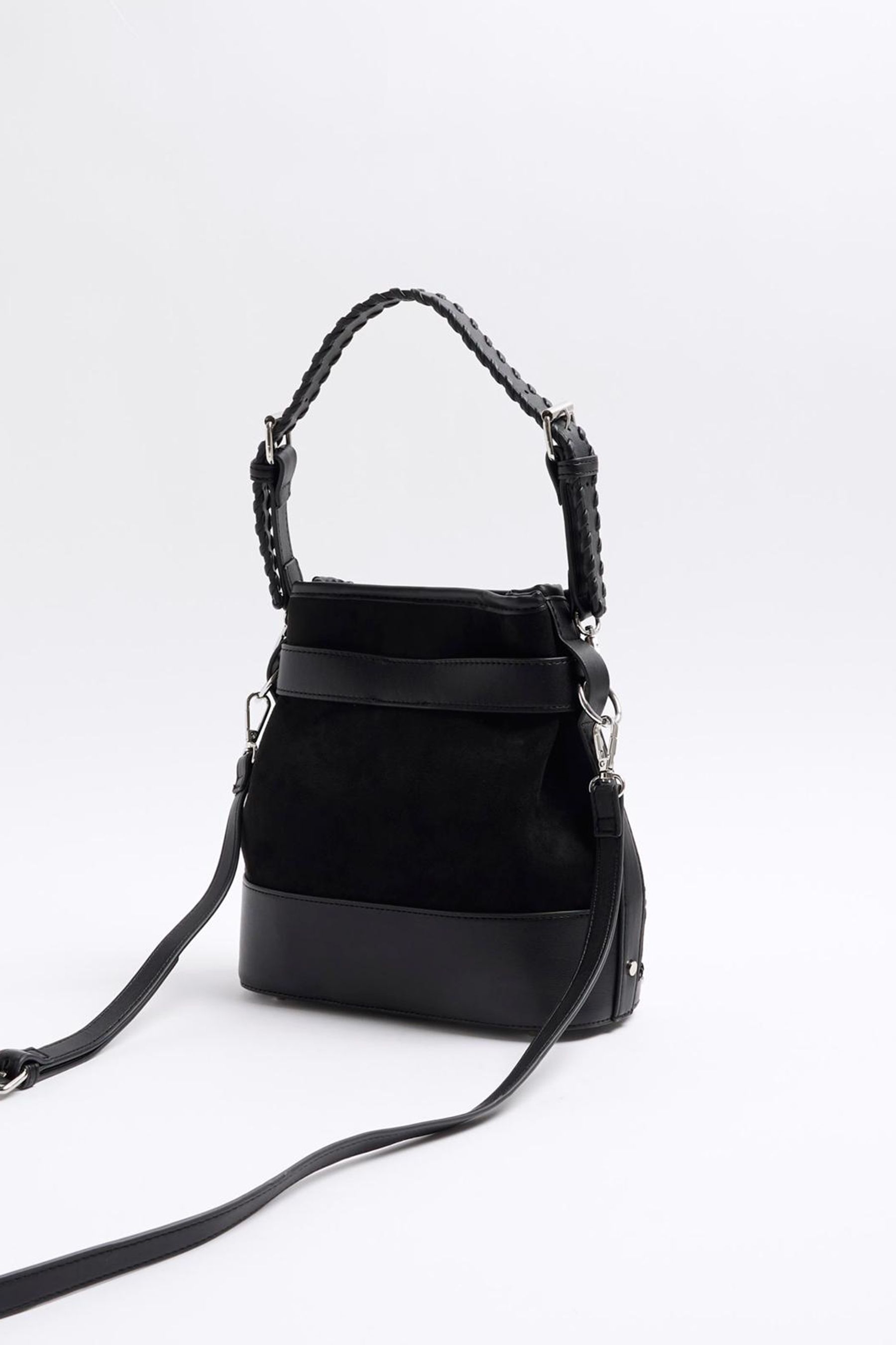 River Island Womens Black Suedette Buckle Bucket Shoulder Bag