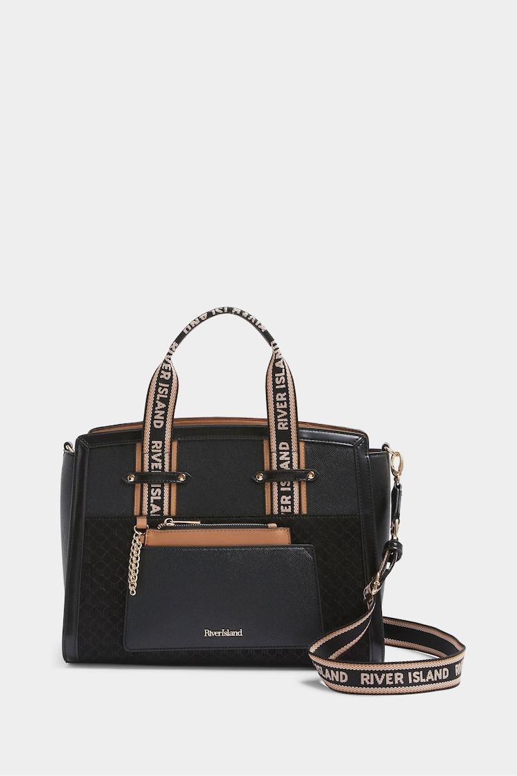 River Island Black Black Webbing Handle Front Pocket Tote Bag - Image 1 of 4