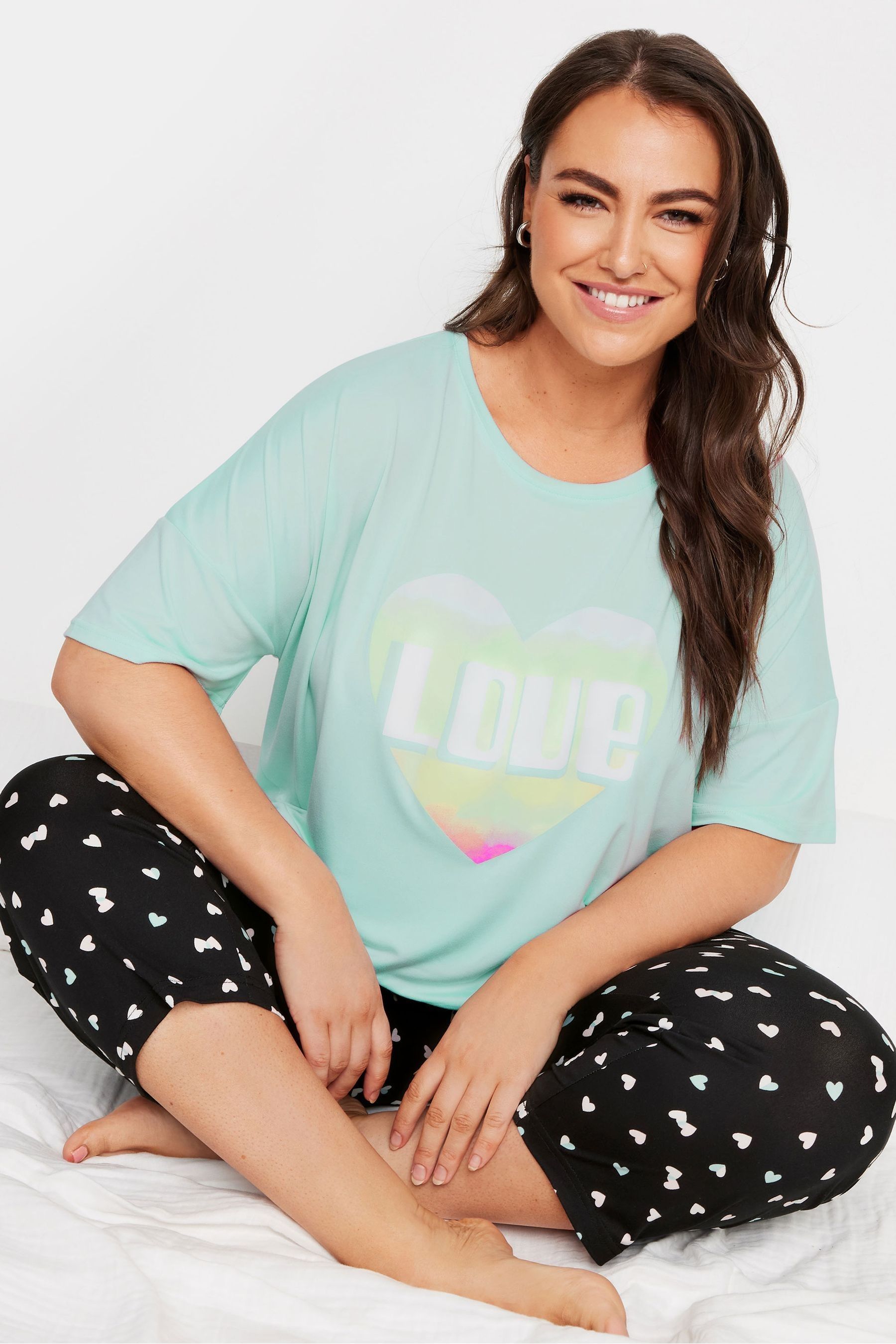 Buy Yours Curve Green Love Heart Crop Top Pyjamas Set from Next Luxembourg