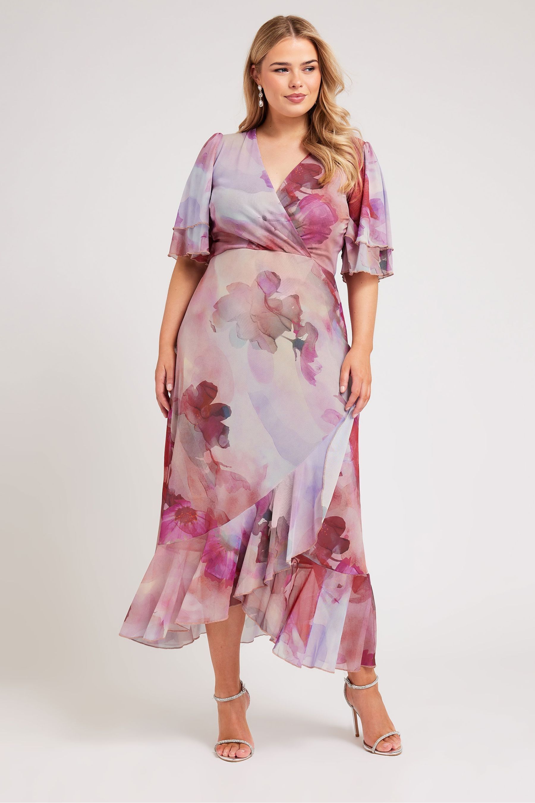 Yours Curve Pink London Ruffle Wrap Mesh Dress
