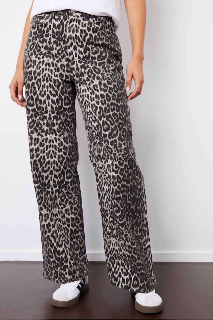 Threadbare Brown Animal Print Wide Leg 100% Cotton Jeans - Image 1 of 5