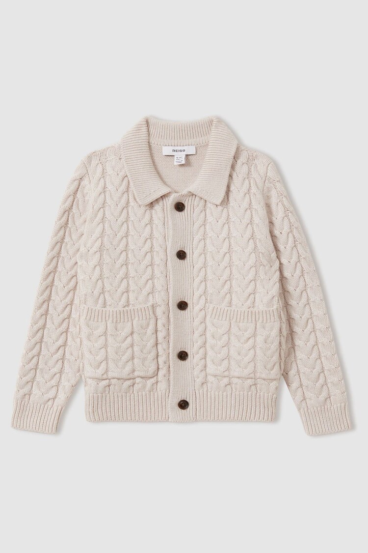 Reiss Oatmeal Melange Fleet Junior Cable Knit Cardigan - Image 2 of 4