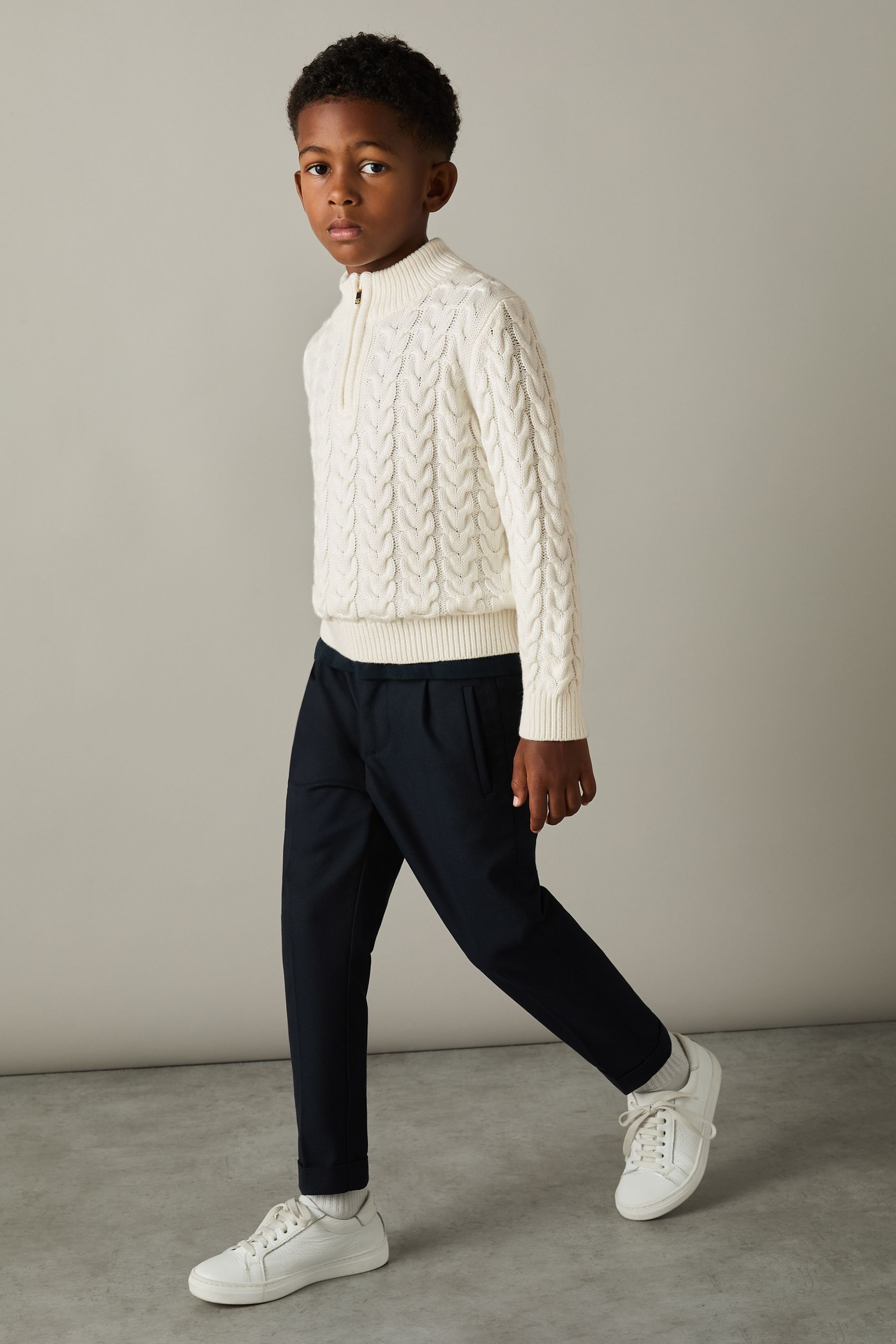 Buy Reiss Off White Tamworth Junior Cabled Knitted Quarter Zip Jumper with Cotton and Wool from Next Ireland