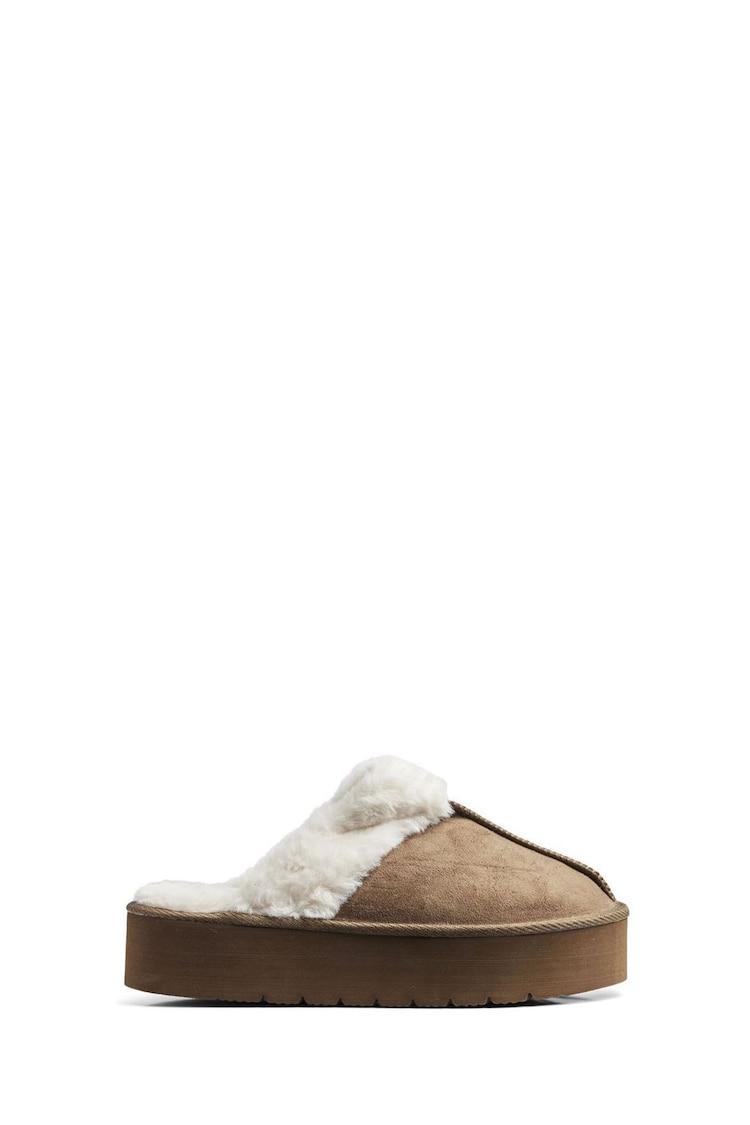 PIECES Brown Faux Suede Fluffy Mule Slippers - Image 1 of 2