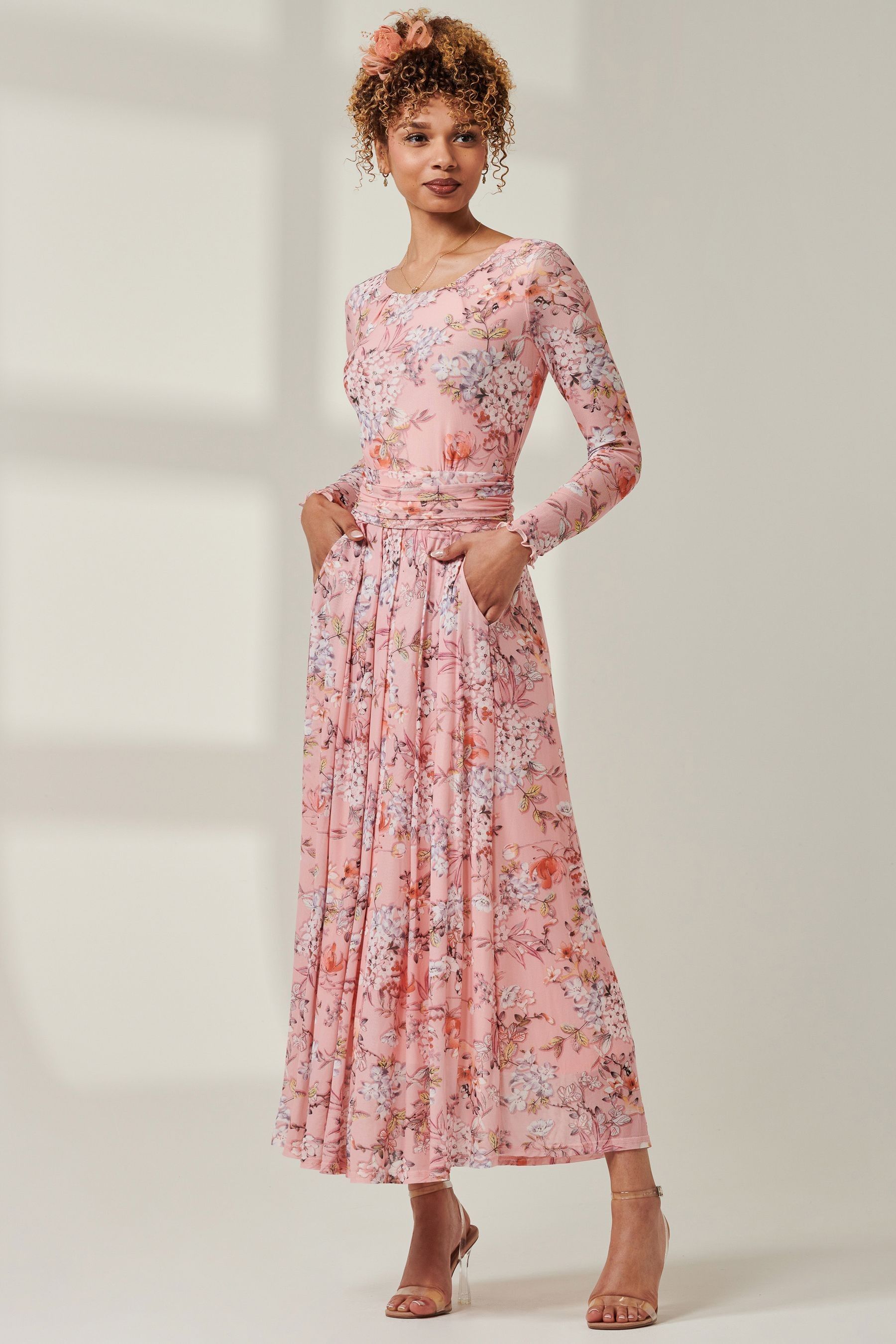 Buy Jolie Moi Pink Floral Long Sleeve Mesh Maxi Dress from Next Oman